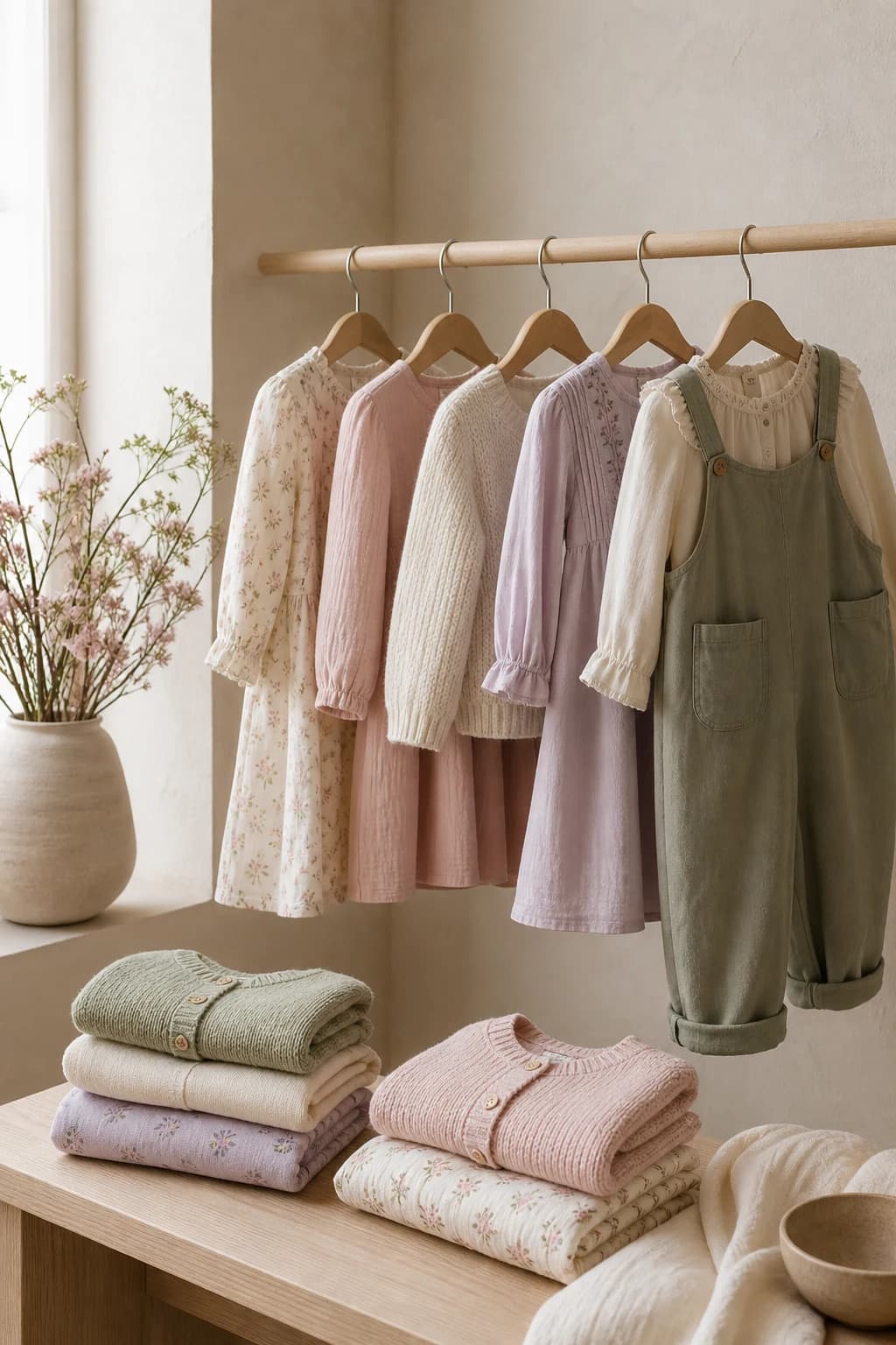 Palette de vêtements enfant aux nuances pastel dans un intérieur lumineux