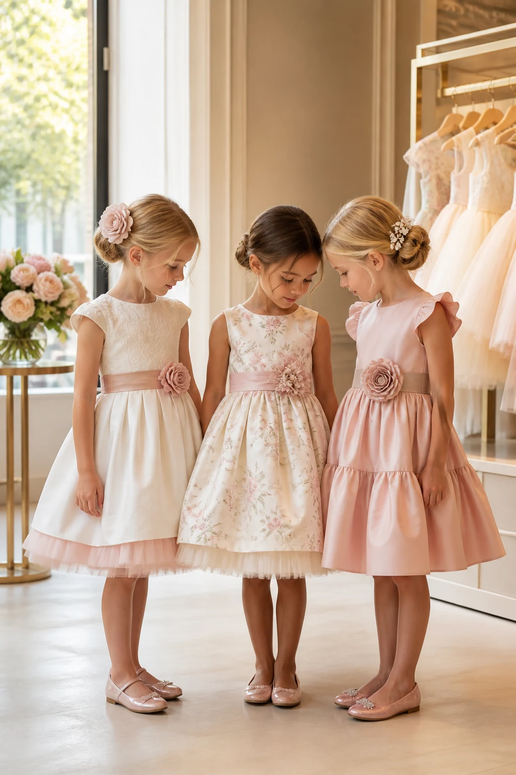 Trois enfants en tenues élégantes dans une boutique lumineuse